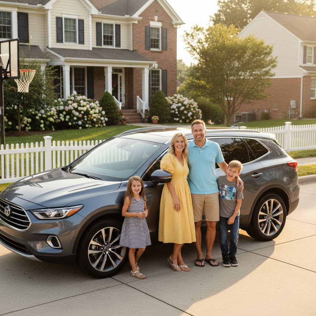 Happy family with their car